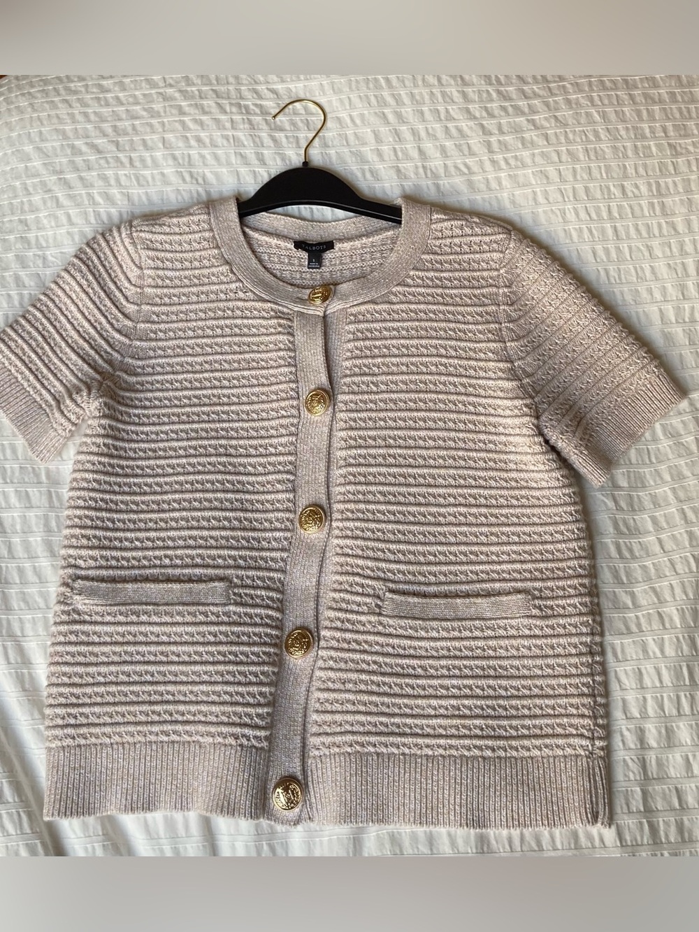 Talbots Short-Sleeve Textured Jacket Cardigan - Beige with Gold Buttons